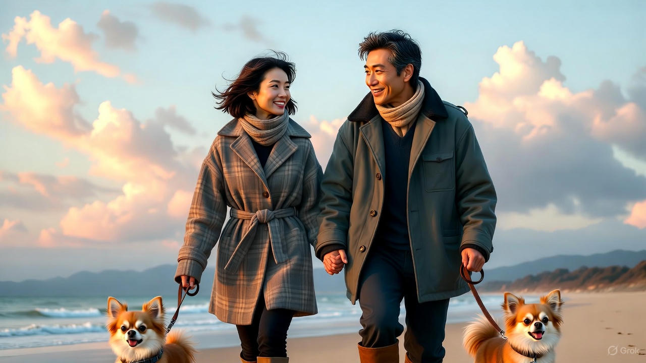 砂浜を愛犬チワワと散歩する夫婦