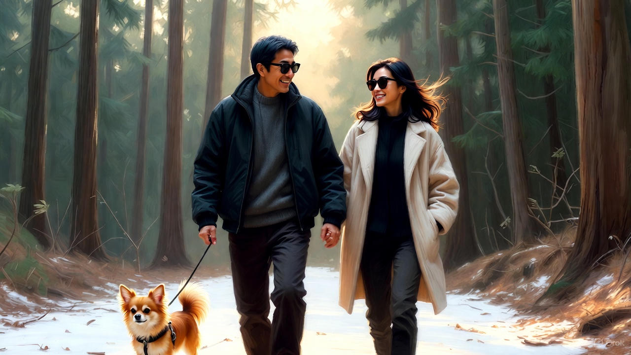 粉雪舞う森を愛犬チワワと散歩する夫婦