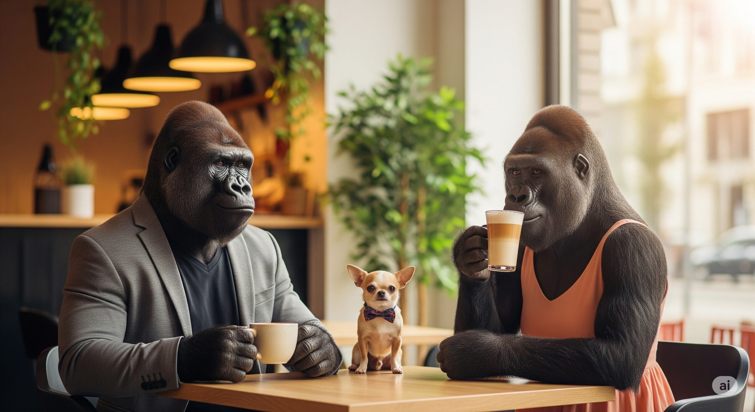 ゴリラ夫婦がチワワを連れて喫茶店でコーヒーを飲む