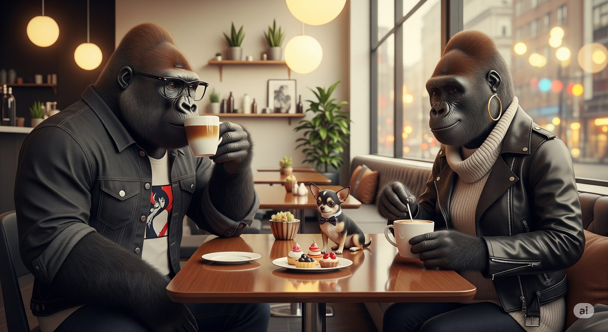 ゴリラ夫婦がチワワをつれてカフェでコーヒーを飲む