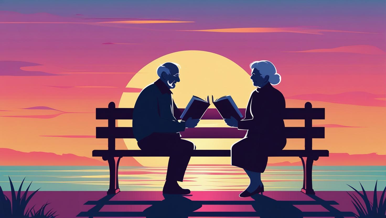 初老の夫婦の読書風景、夕日、海辺
