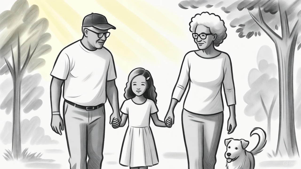 シニア夫婦黒人、公園、散歩、デッサン