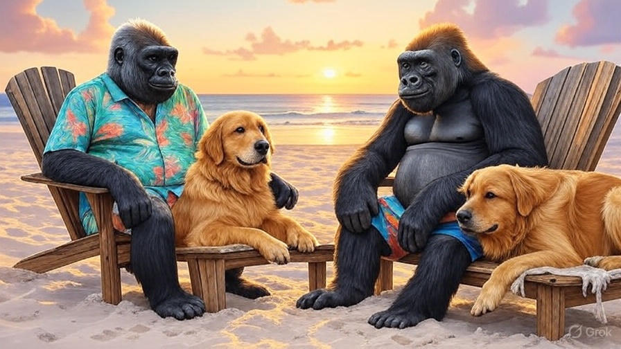 ゴリラ夫婦、愛犬、砂浜