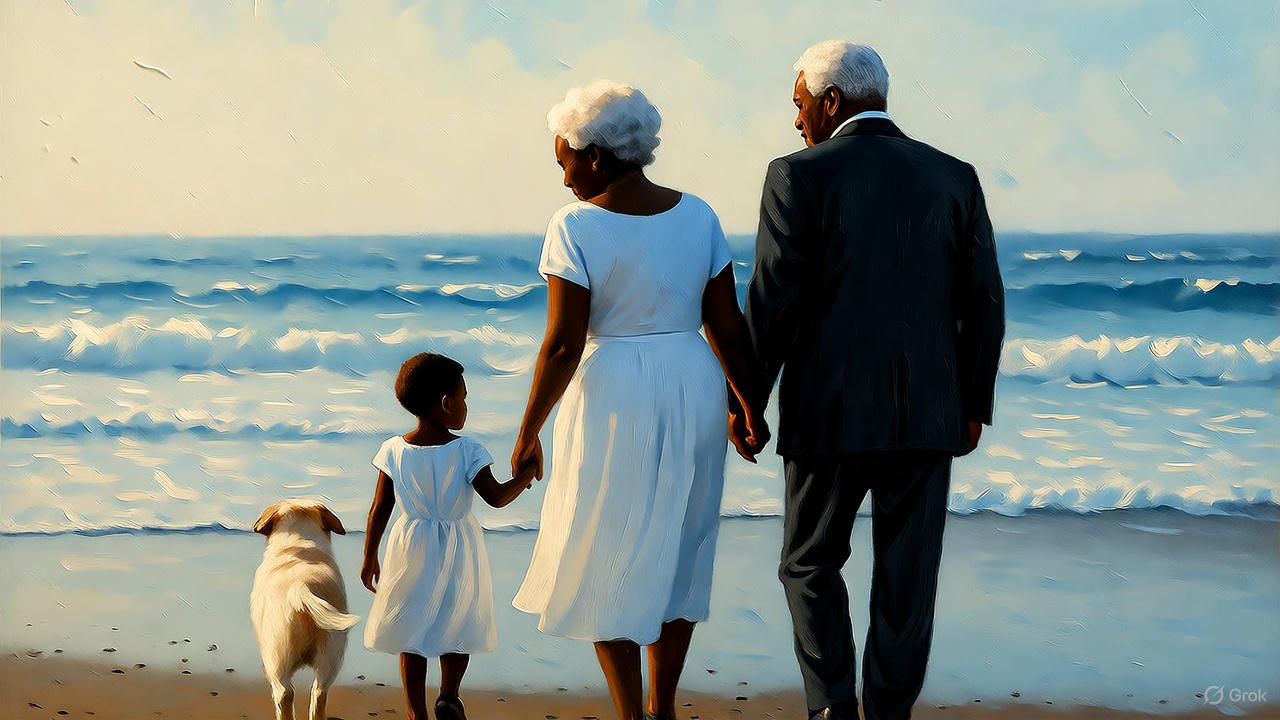 シニア夫婦黒人、孫娘と愛犬