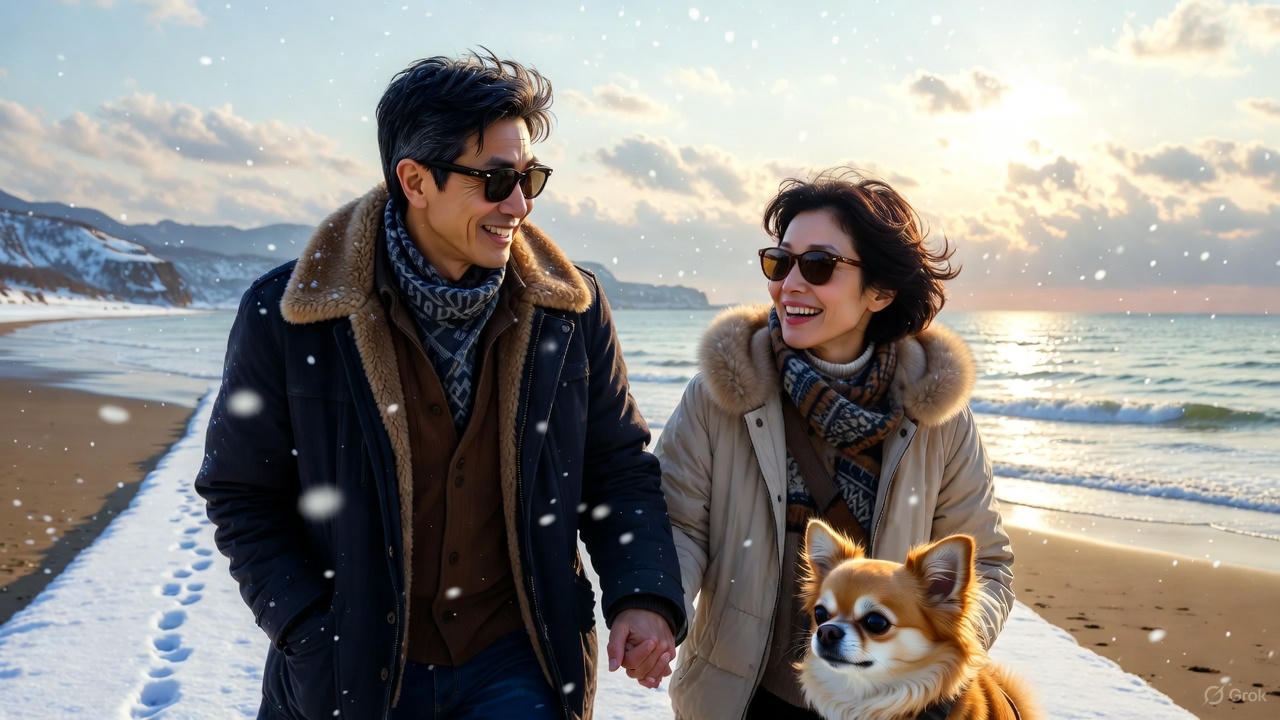 粉雪舞う砂浜を散歩する夫婦
