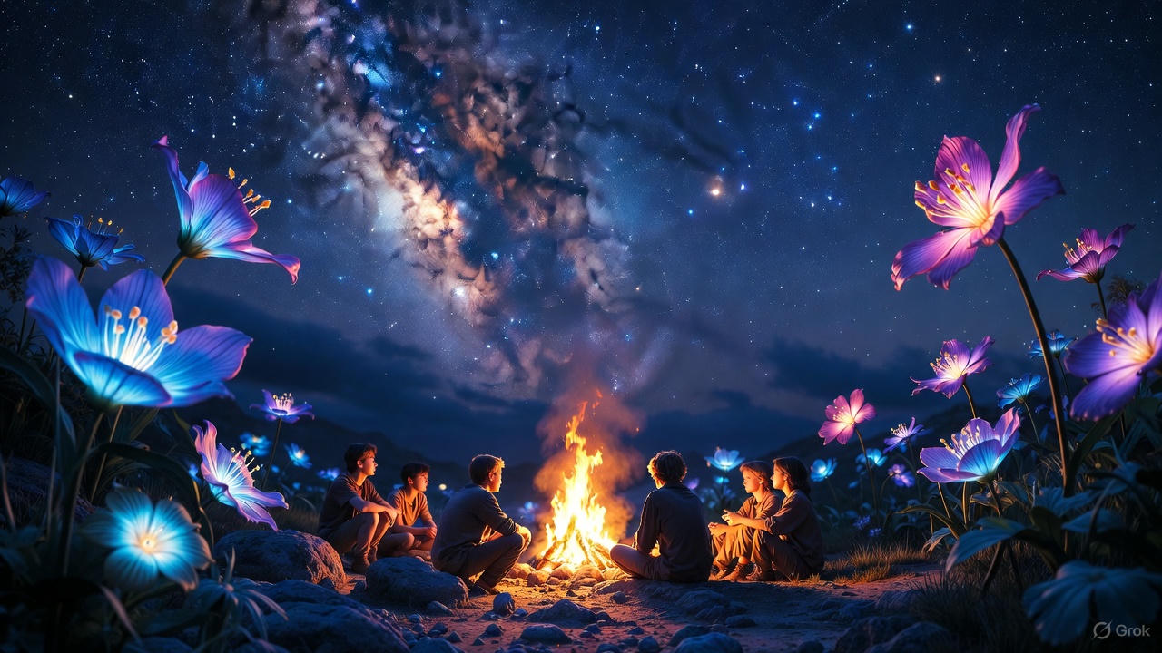 夜空で焚火を囲む青少年