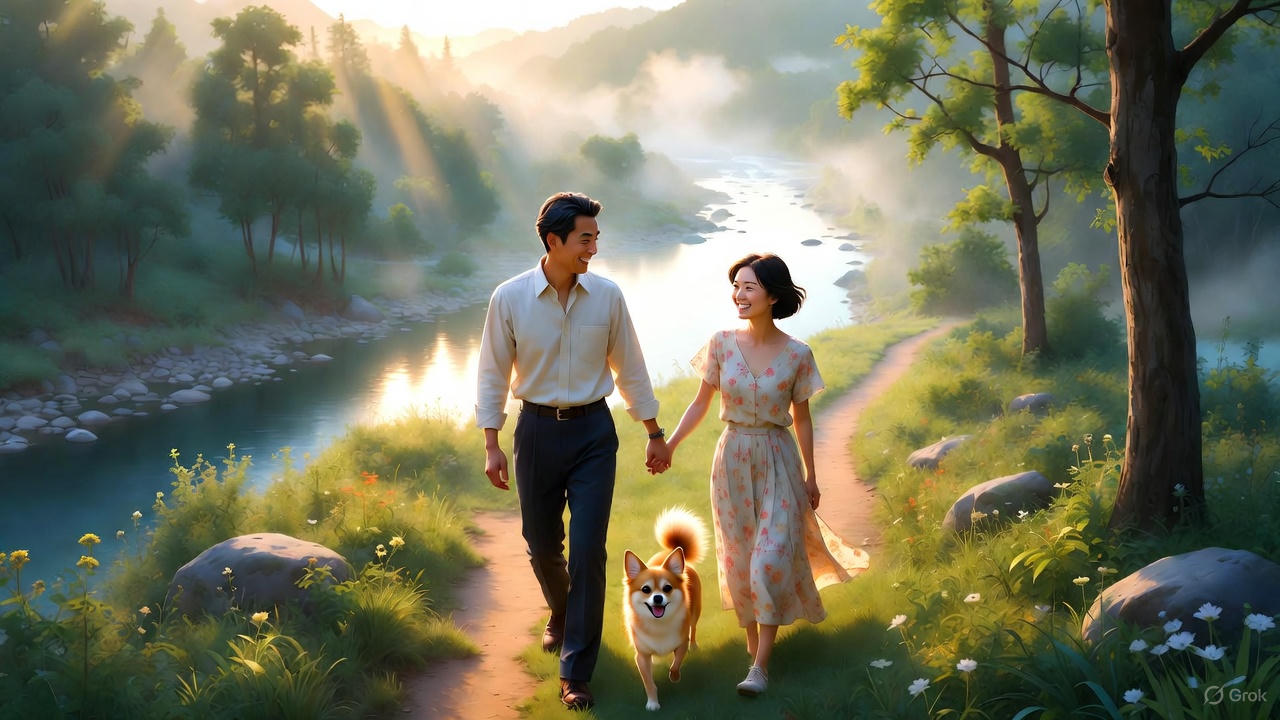 川べりを愛犬チワワと散歩する夫婦