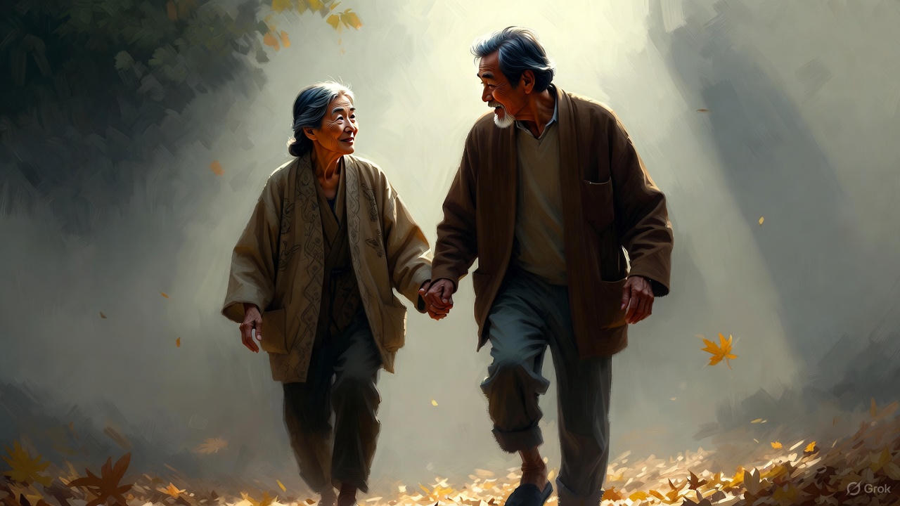 森を抜けるシニア夫婦