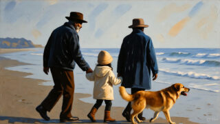 シニア夫婦黒人、海辺、孫娘と愛犬、散歩