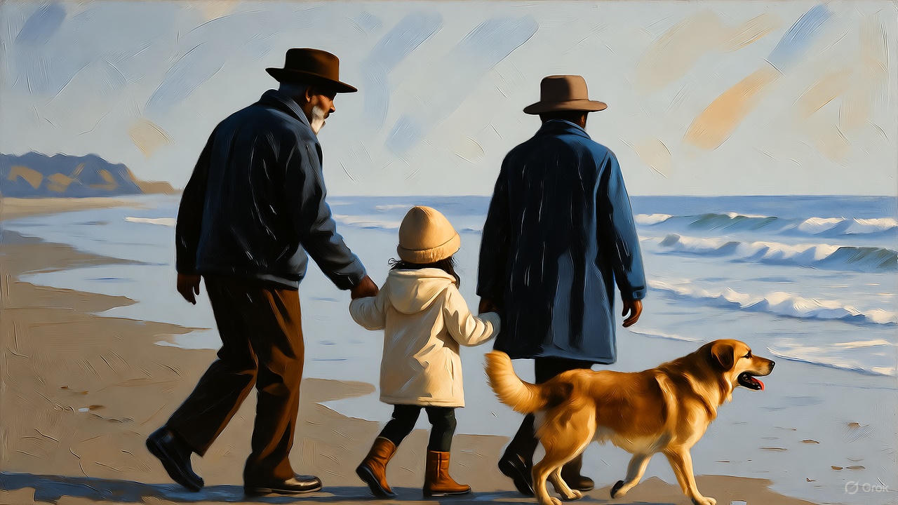 黒人シニア夫婦、孫娘と愛犬、海辺散歩