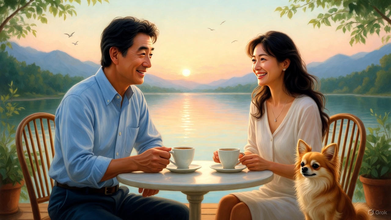 湖畔のカフェ、夫婦