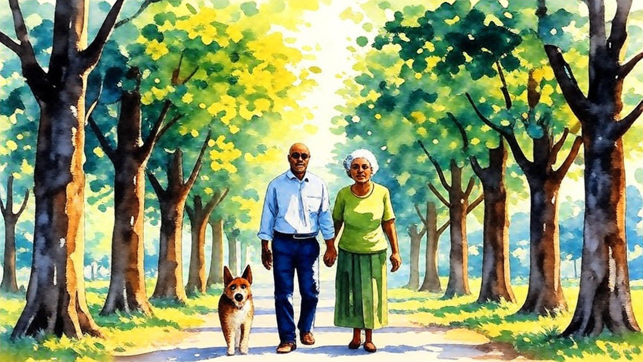 公園散歩、シニア夫婦黒人、孫娘と愛犬