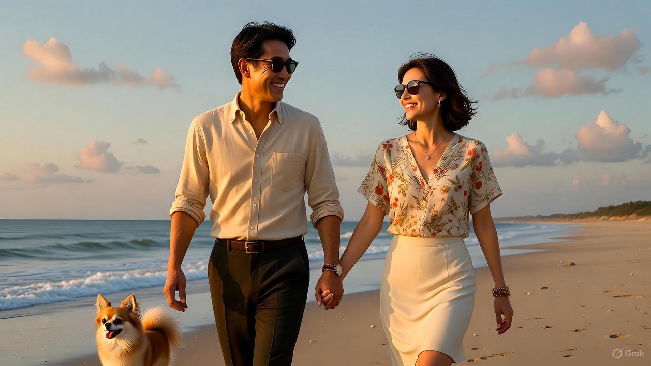 砂浜を愛犬チワワと散歩する夫婦
