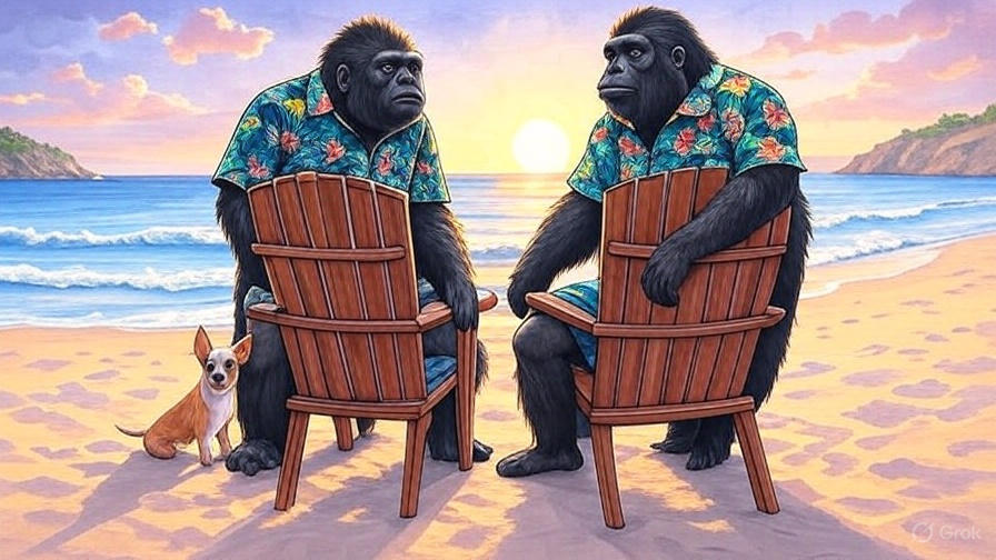 ゴリラ夫婦、アロハ、砂浜