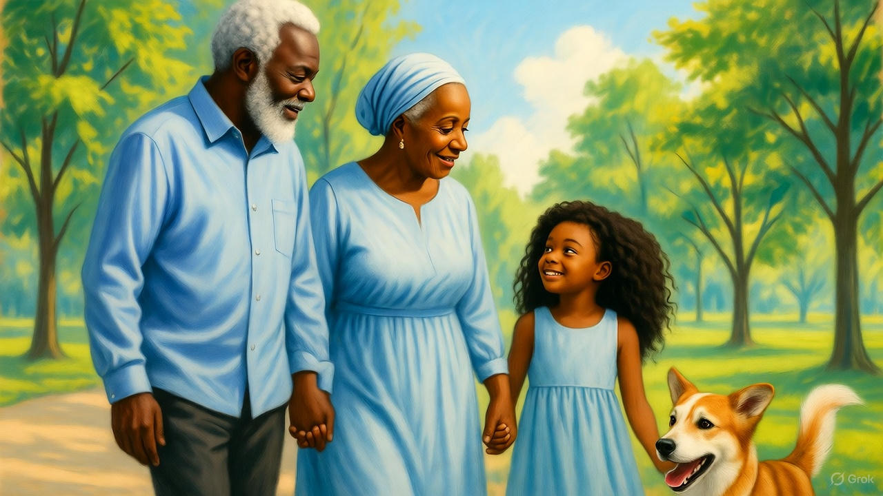 黒人シニア夫婦と孫の散歩