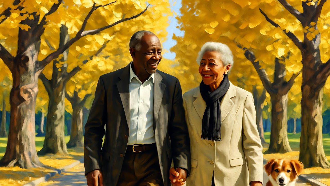 公園を散歩するシニア夫婦