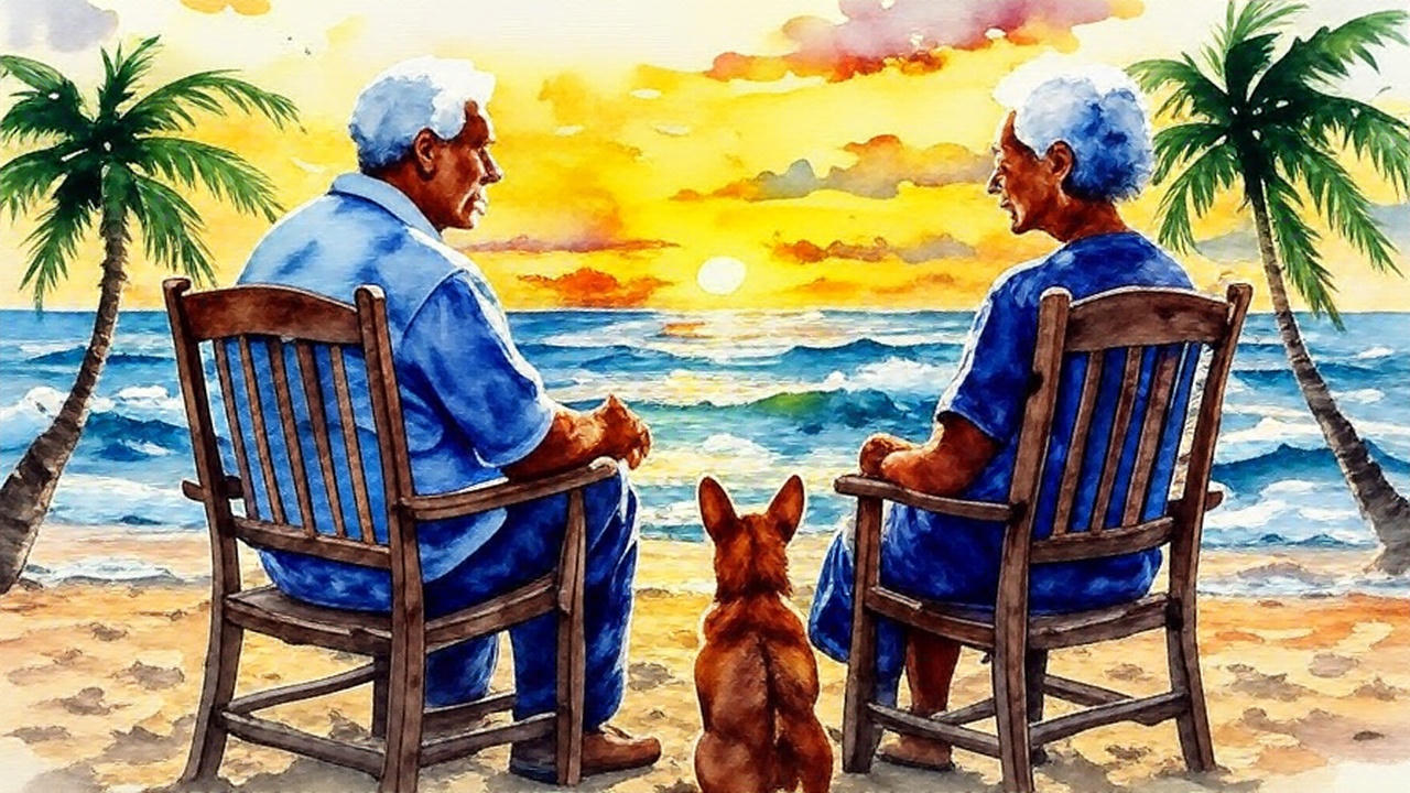 海辺、黒人、シニア夫婦黒人、愛犬