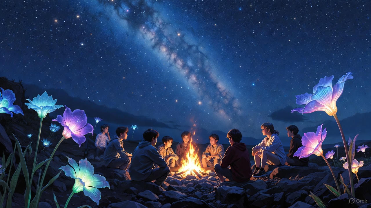 夜空で焚火を囲む青少年