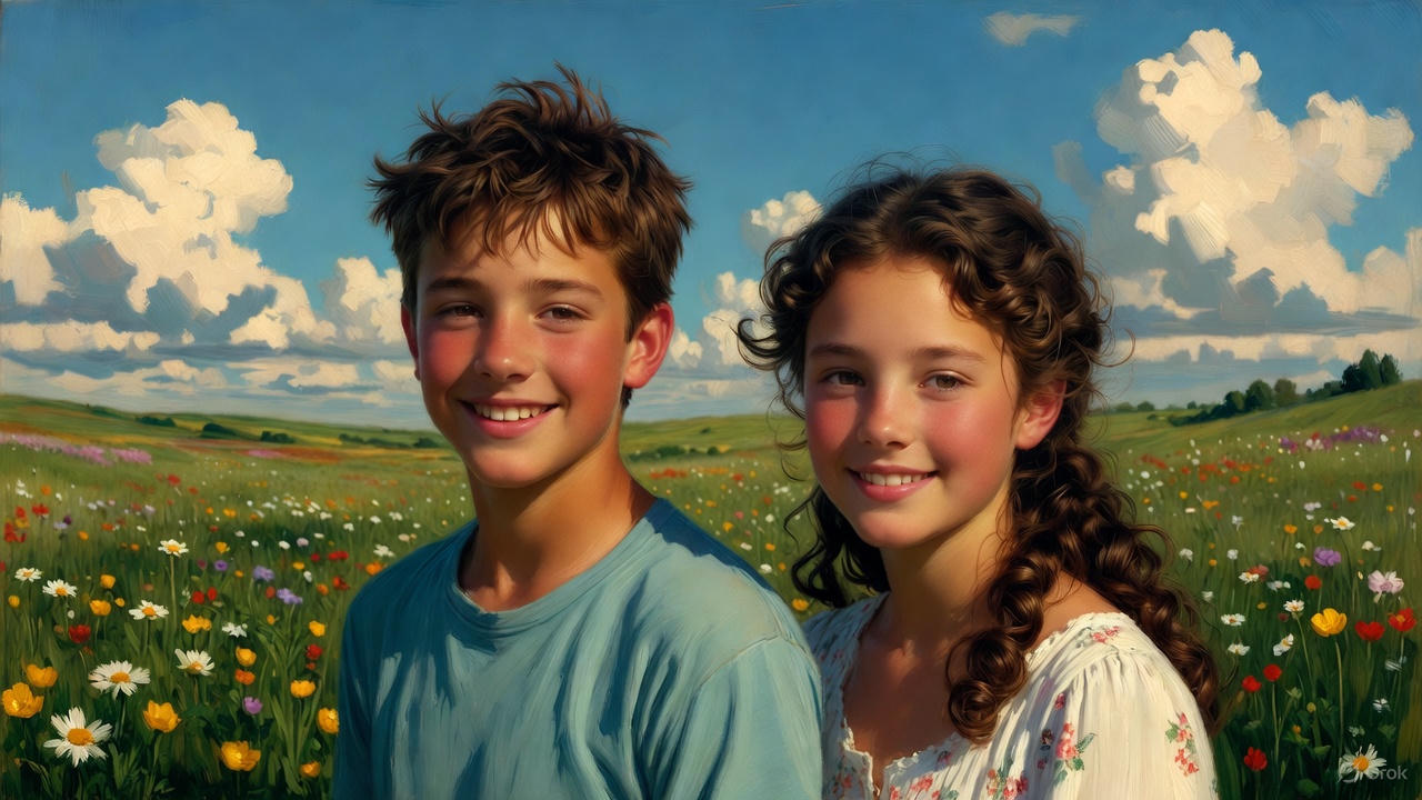 野原でたたずむ青少年