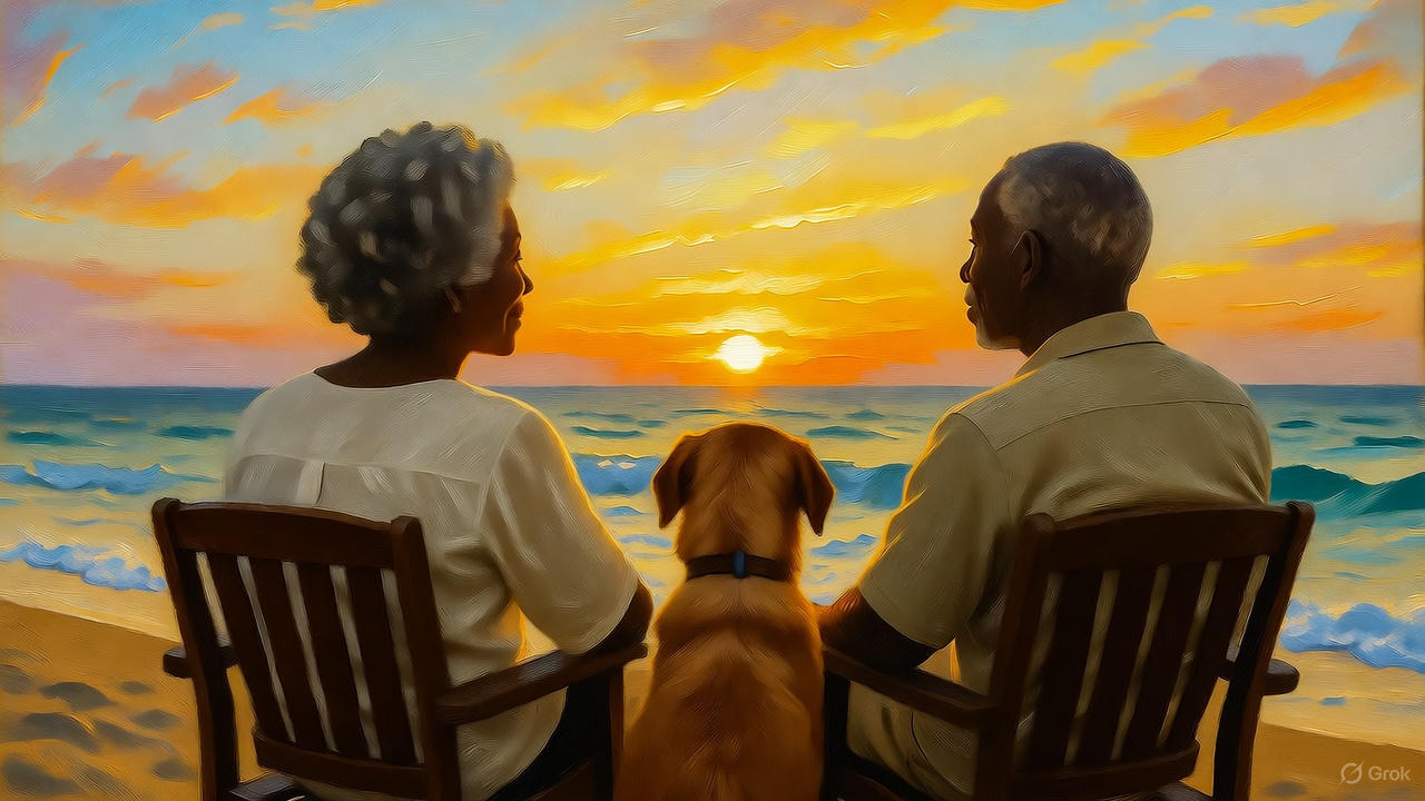 海辺に佇むシニア夫婦