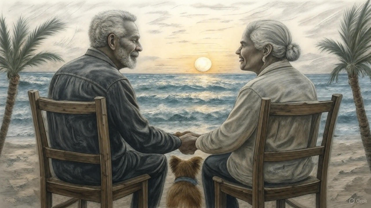 シニア夫婦黒人、海辺、愛犬