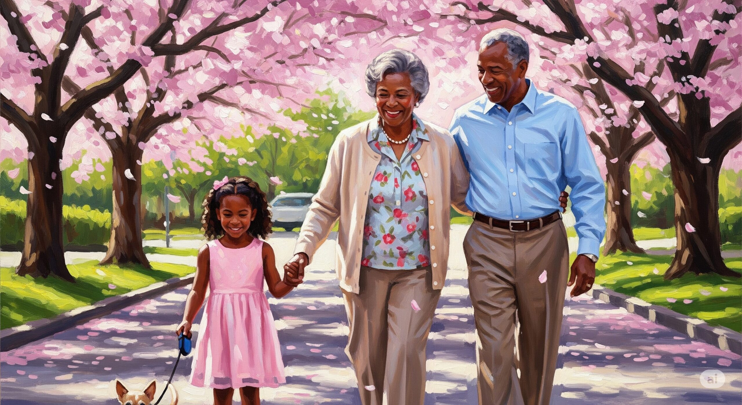 シニア夫婦黒人、孫娘、公園散歩