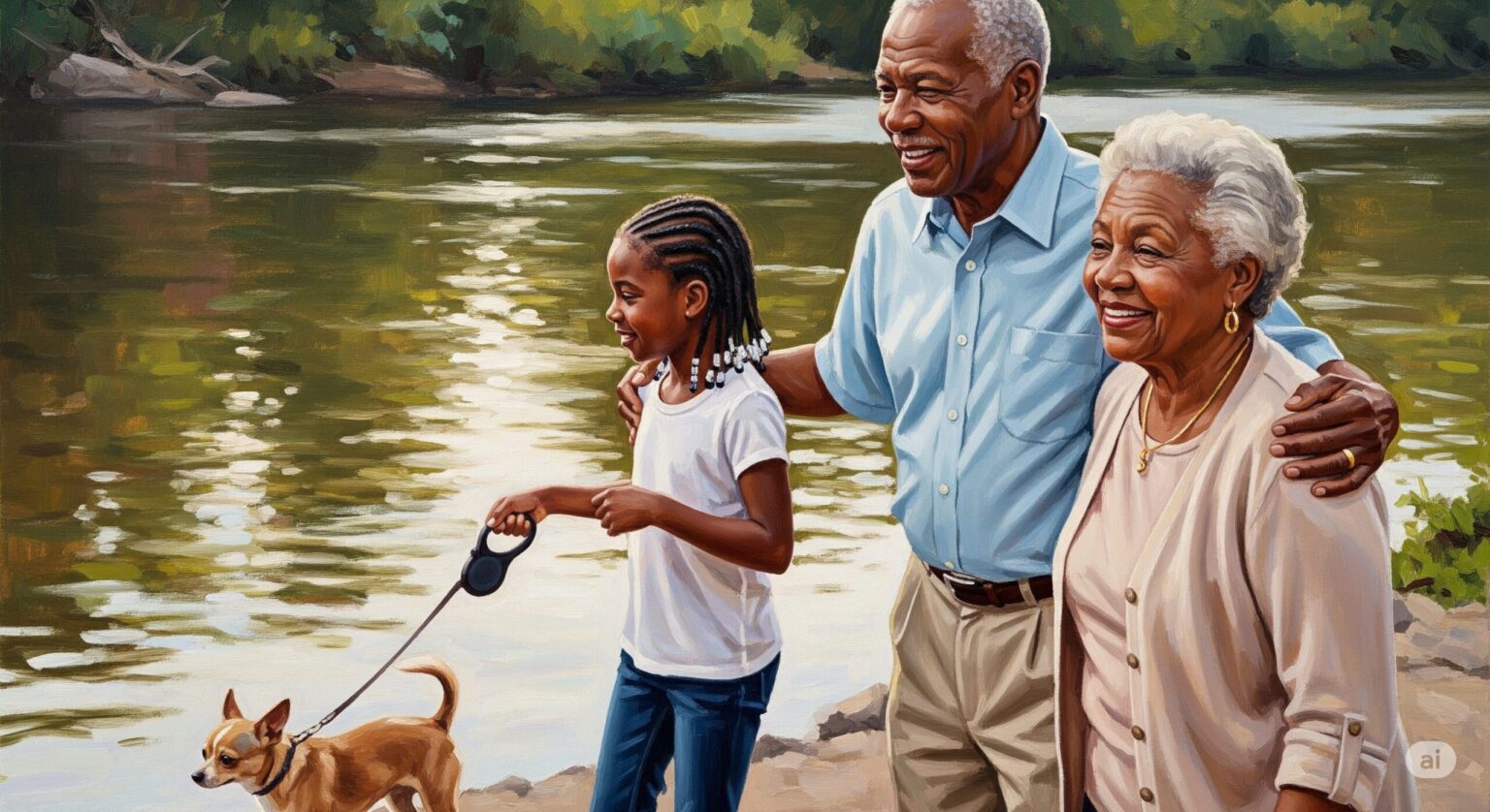 黒人シニア夫婦と孫娘と愛犬