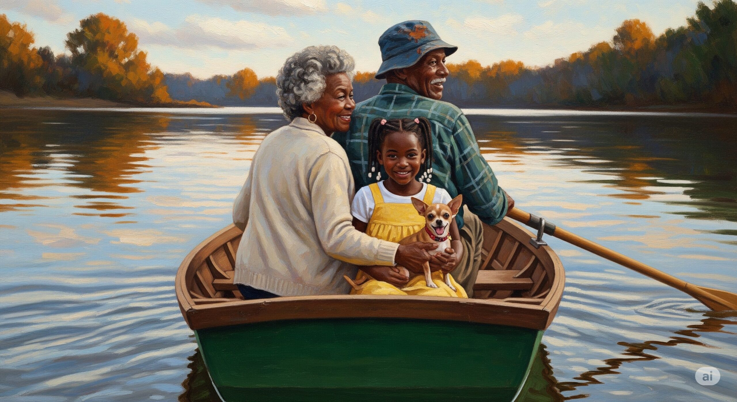 ボートに乗る黒人シニア夫婦と孫娘