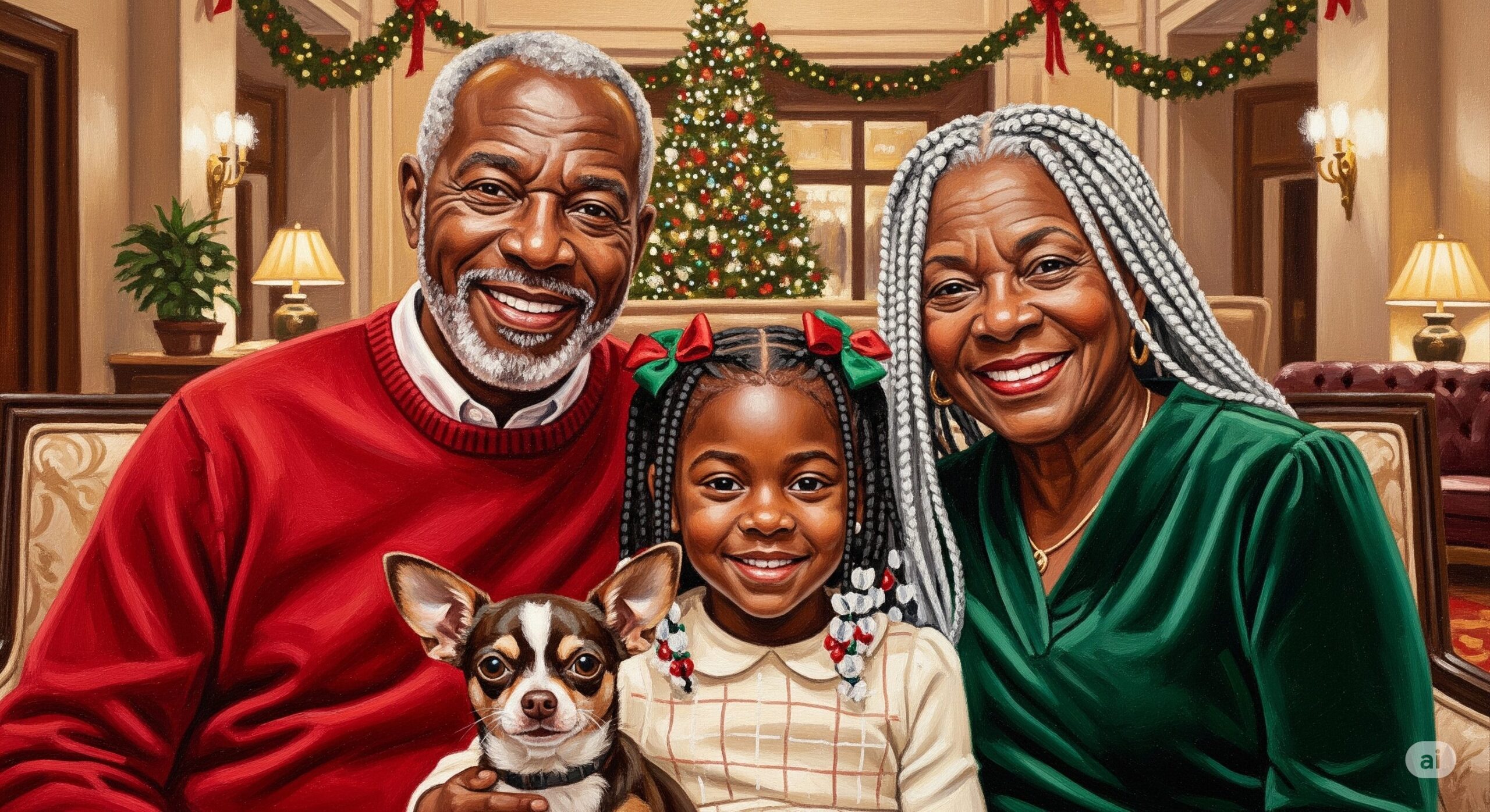 クリスマスを 祝う黒人シニア夫婦と孫娘