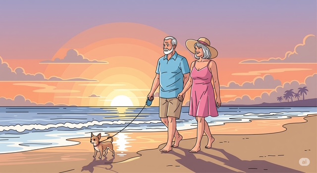 海辺を愛犬と散歩するシニア夫婦
