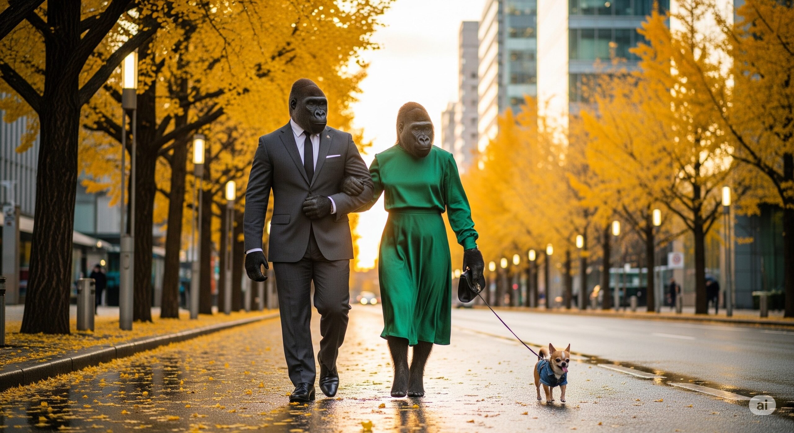 ゴリラ夫婦と愛犬の散歩