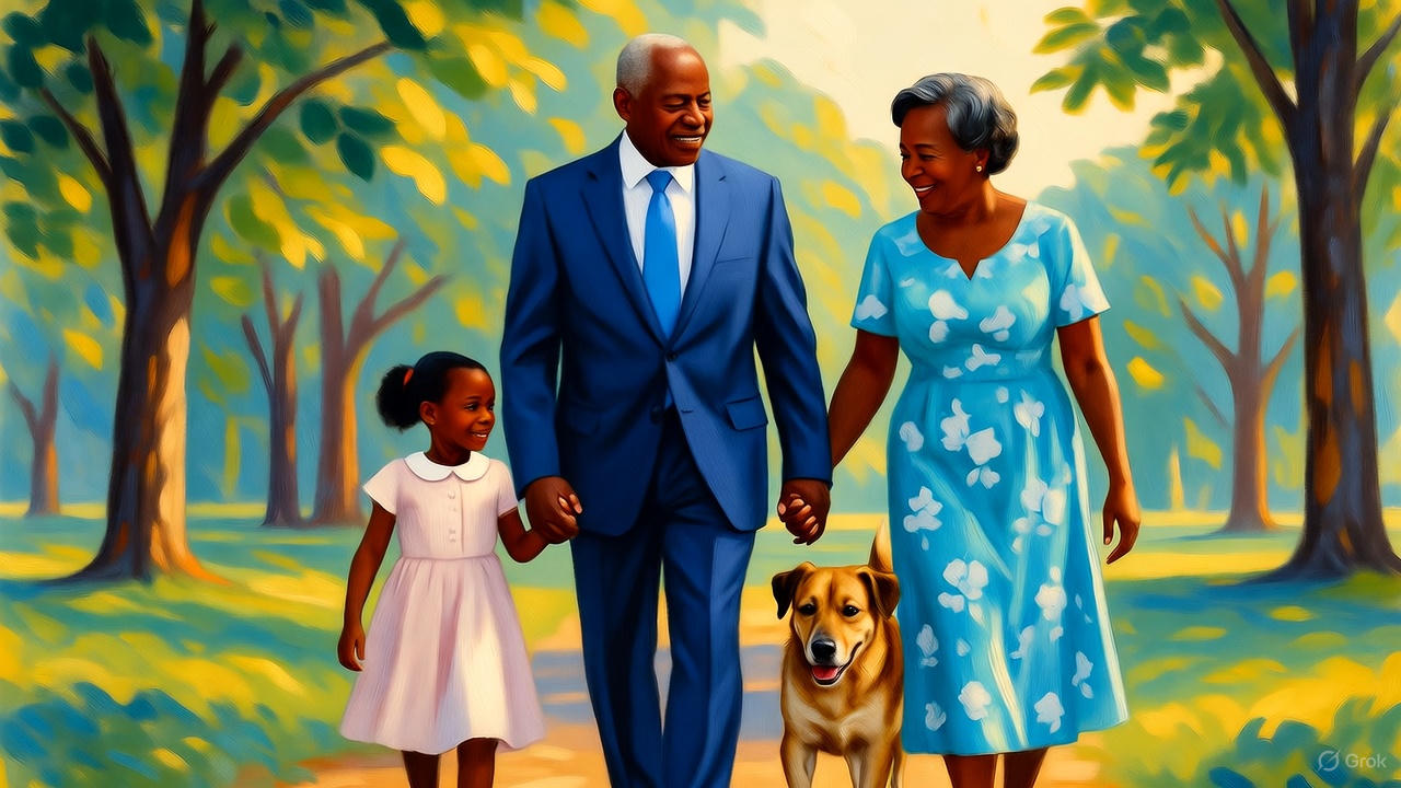 黒人、シニア夫婦黒人、孫娘と愛犬、公園散歩