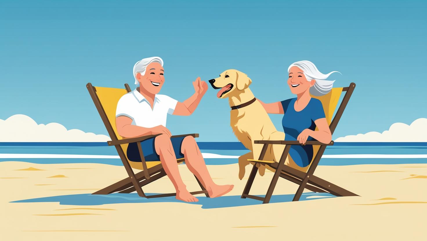 砂浜で椅子に腰かけ愛犬と遊ぶシニア夫婦