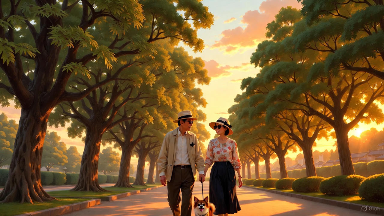 街路樹を愛犬と散歩するシニア夫婦