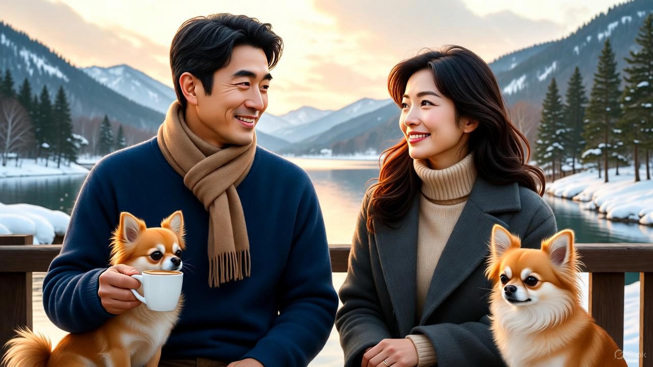 湖畔カフェ、愛犬チワワと夫婦