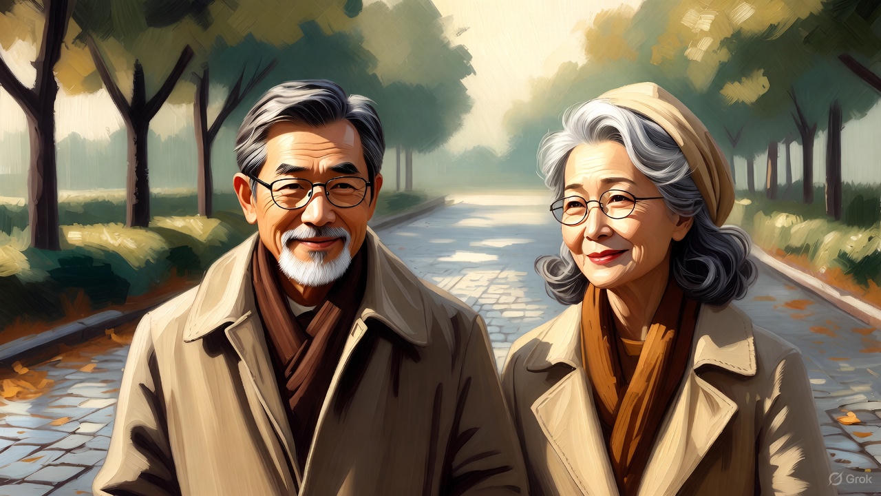 街路樹を散歩するシニア夫婦