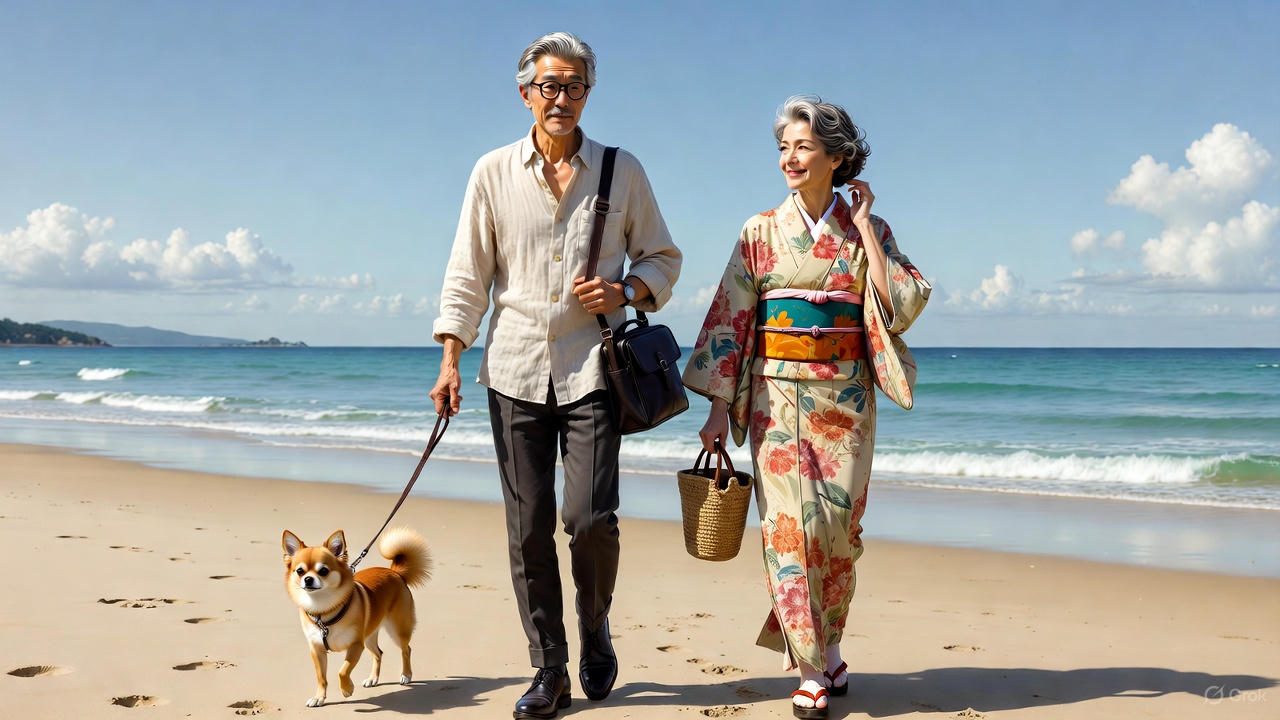 海岸を愛犬と散歩するシニア夫婦