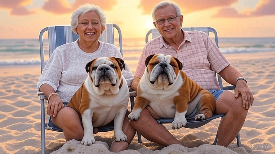 海岸砂浜シニア夫婦と愛犬