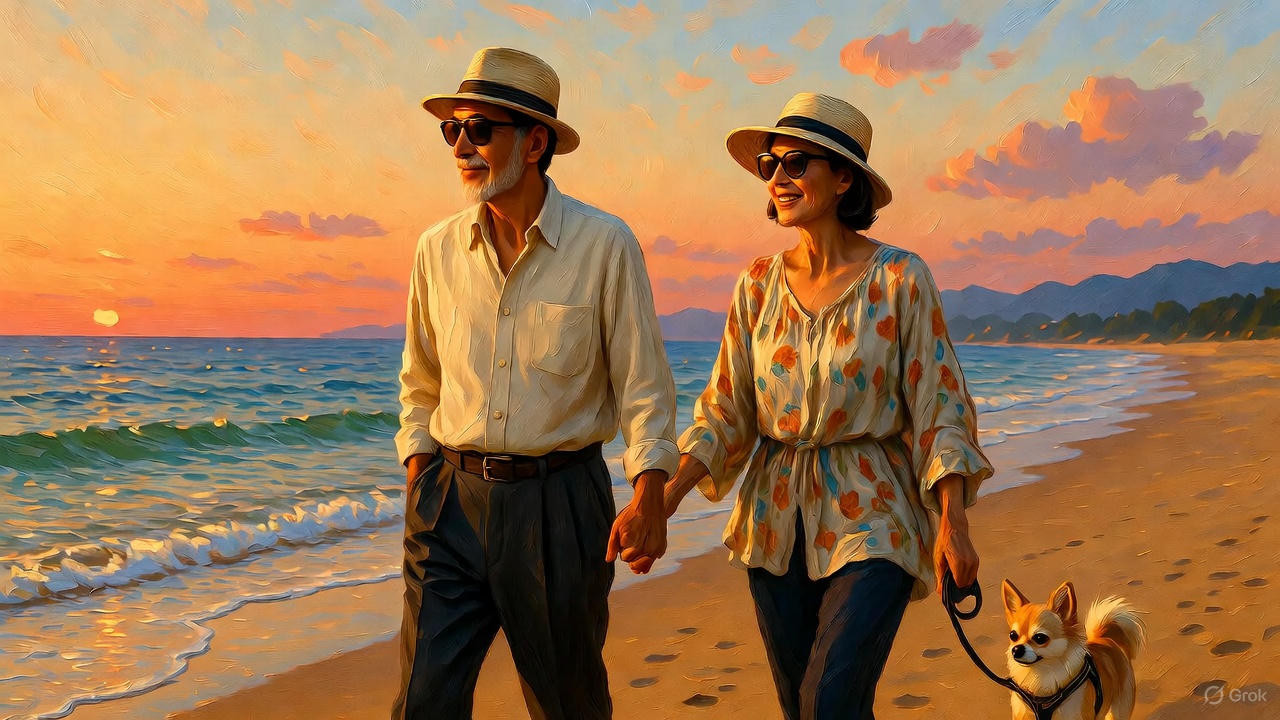 海岸を散歩するシニア夫婦