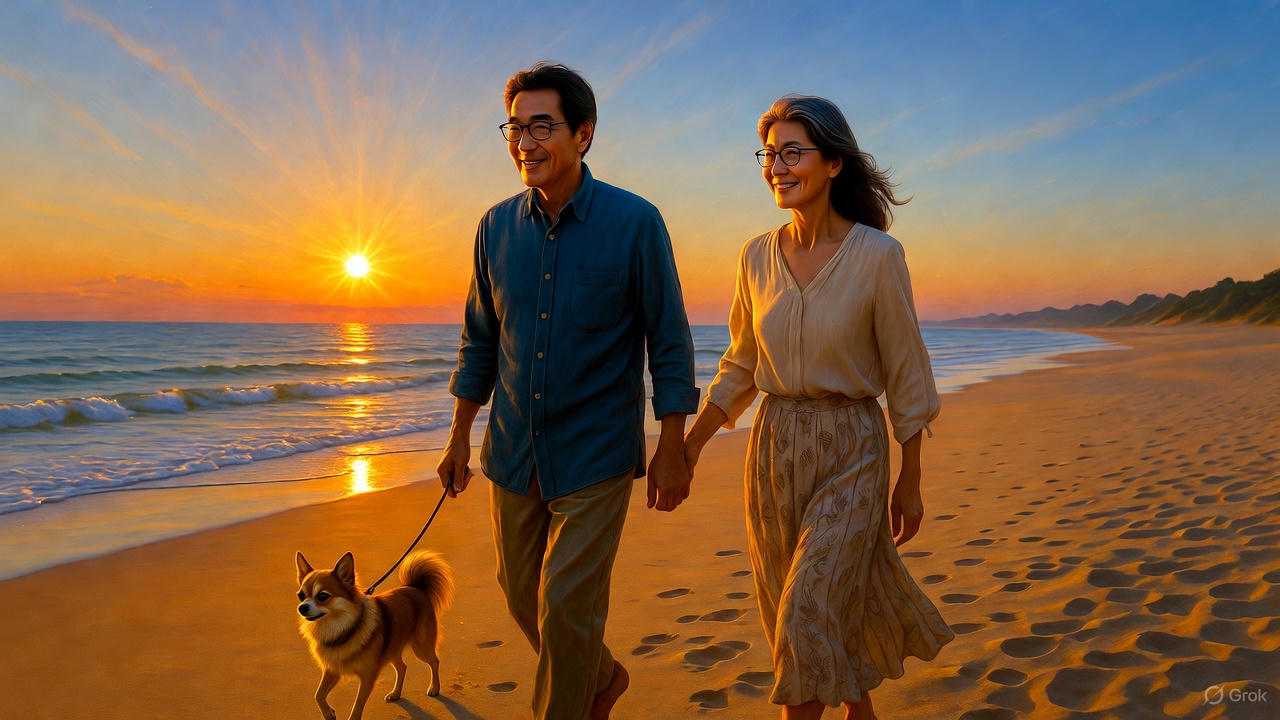 海岸を愛犬と散歩するシニア夫婦
