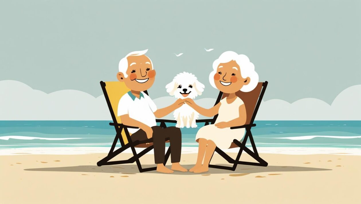 砂浜で椅子に座り愛犬と戯れるシニア夫婦