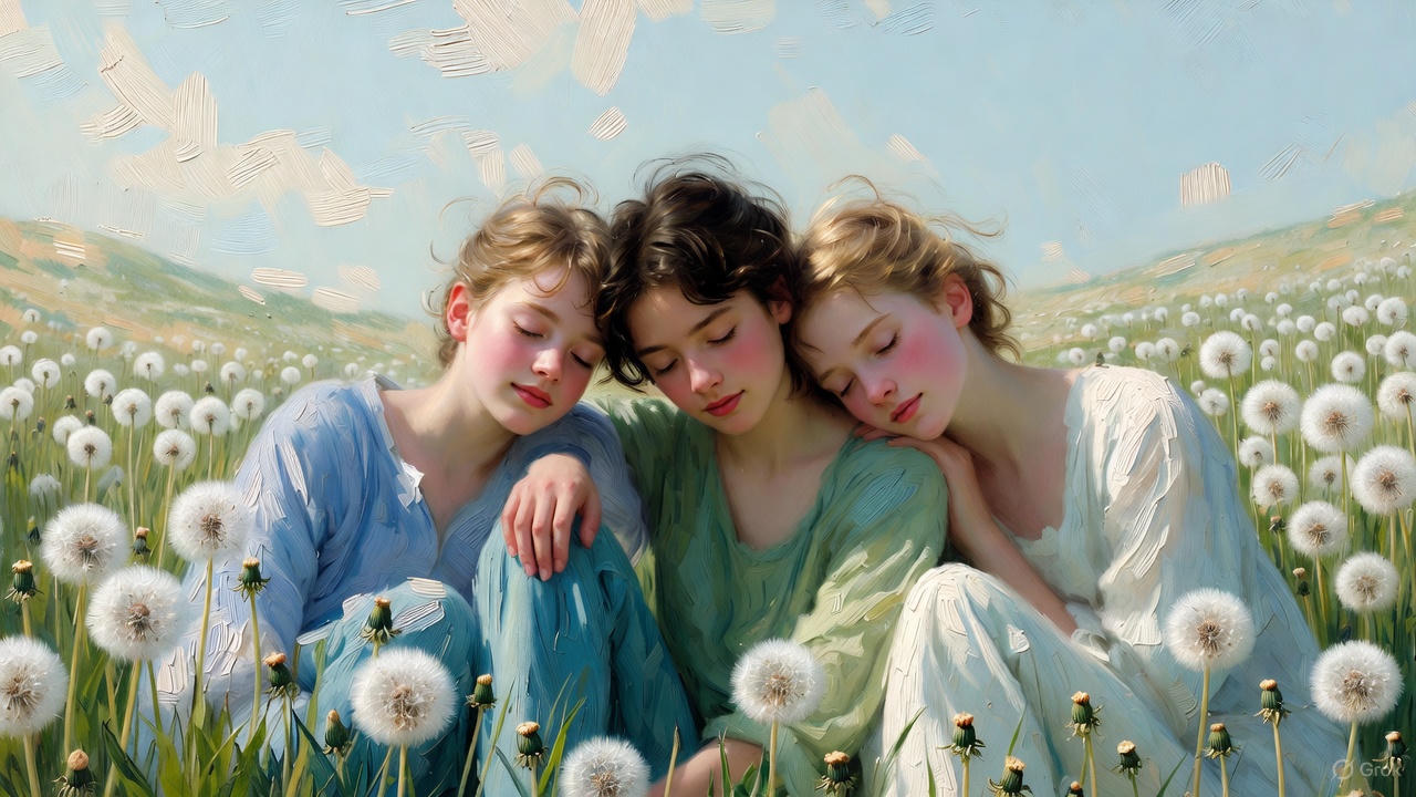 野原で腰掛ける少女たち