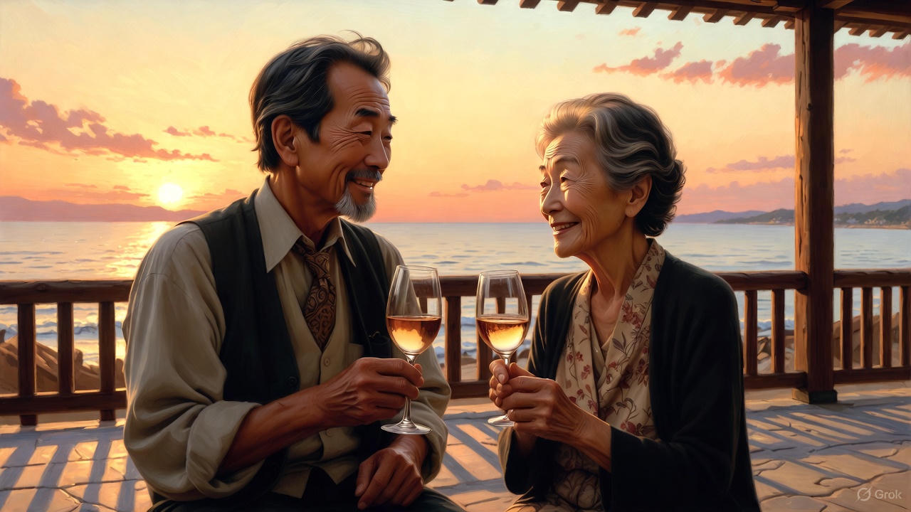 海辺、シニア夫婦