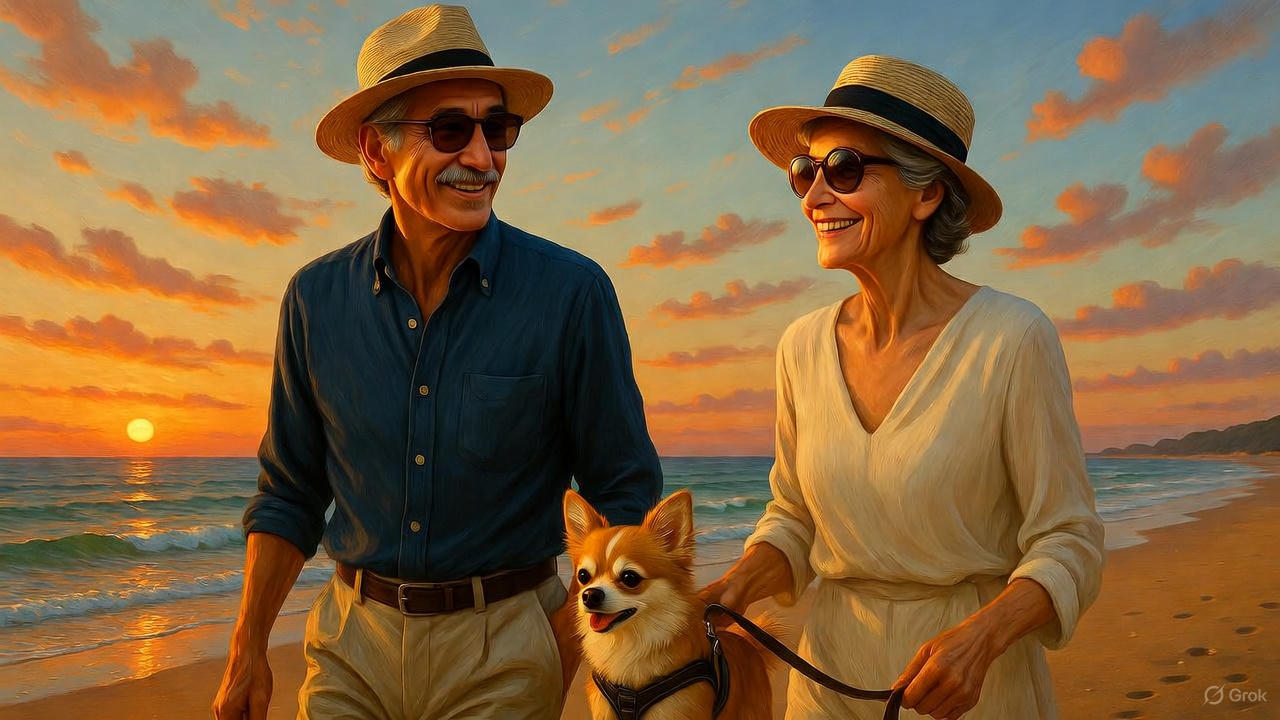 愛犬と散歩するシニア夫婦