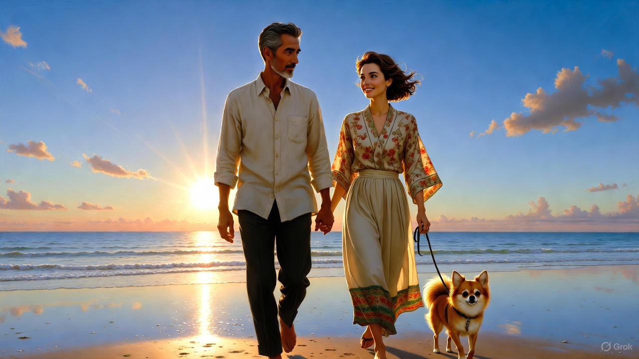 海岸を散歩するシニア夫婦