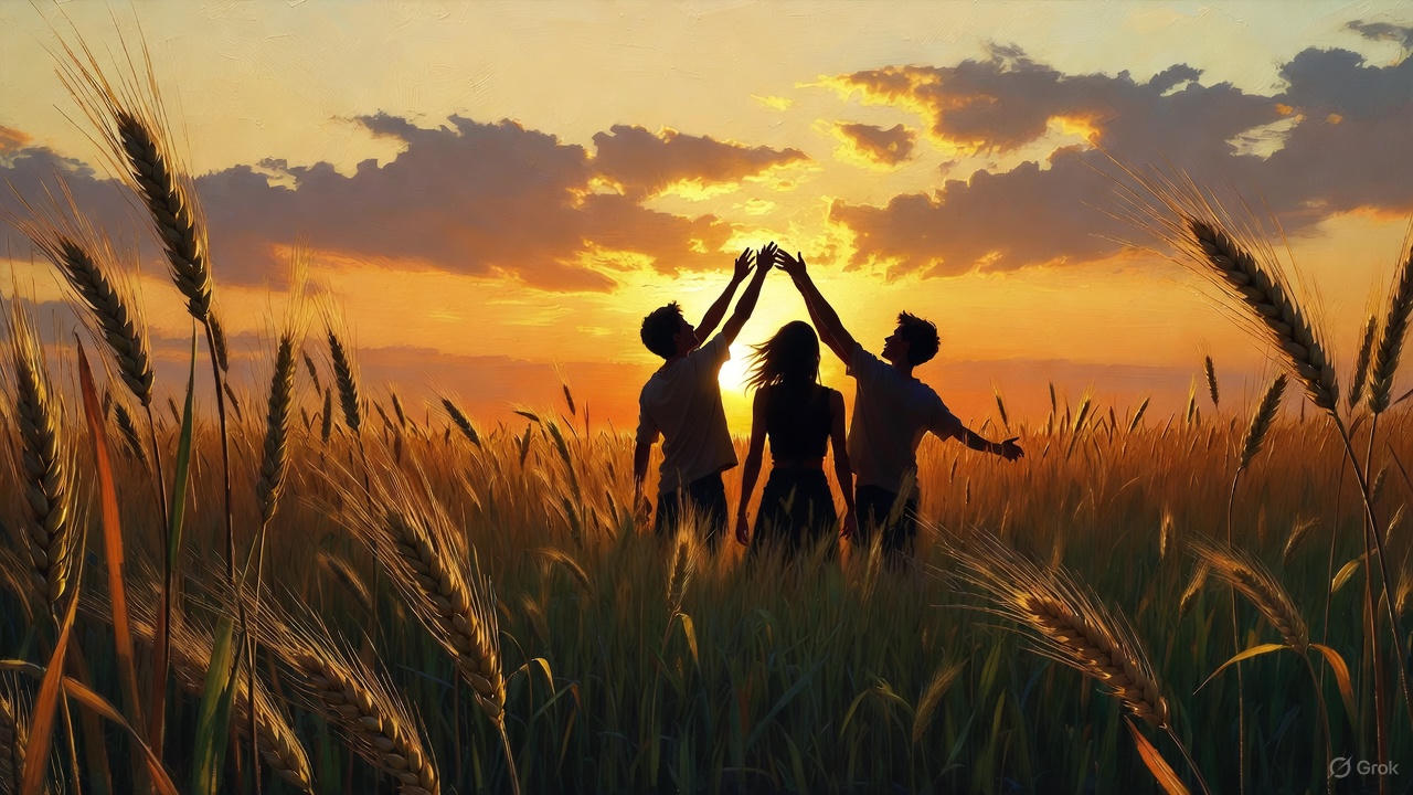 夕日に手を挙げる青少年