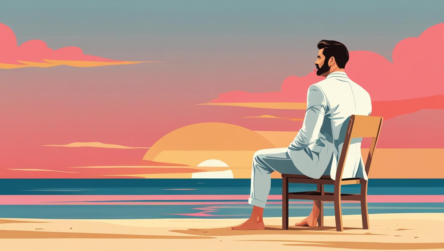 砂浜で椅子に座りたそがれている紳士