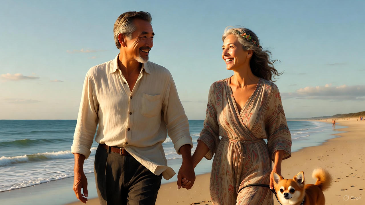 海岸を散歩するシニア夫婦