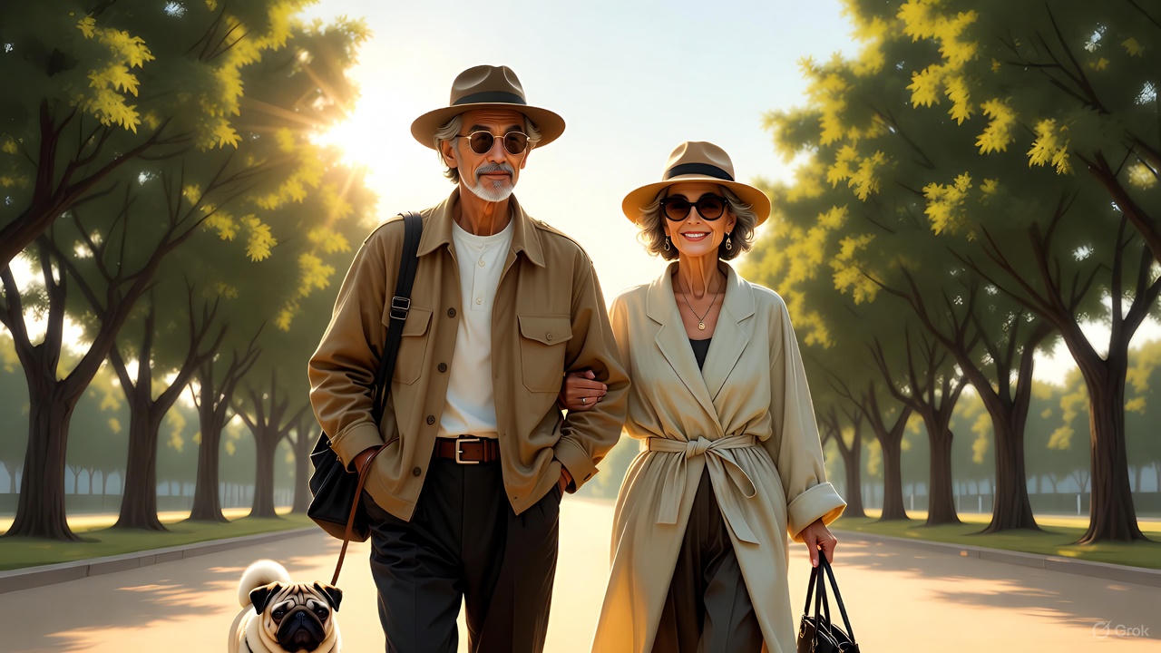 街路樹、愛犬と散歩するシニア夫婦