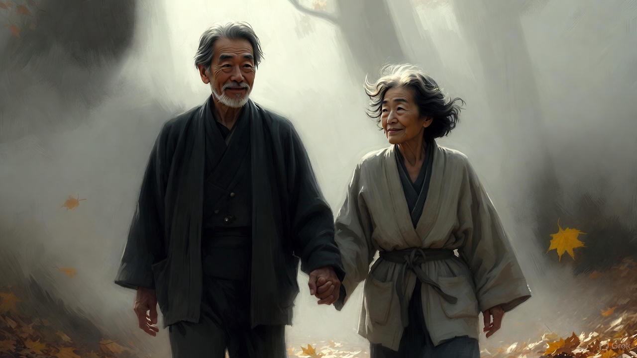 霧の中、シニア夫婦